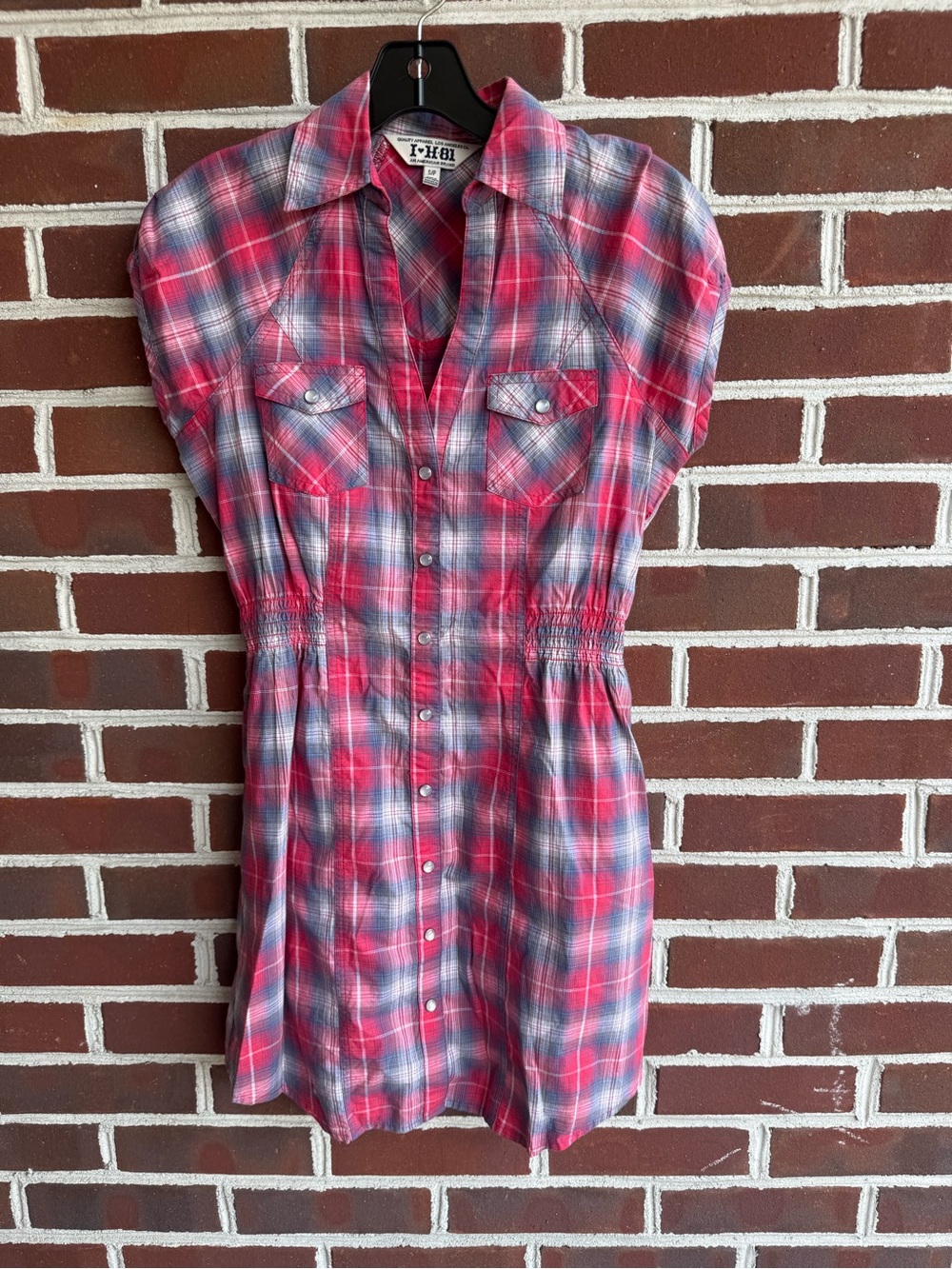 I❤H81 Y2K Pink Plaid Button-Down Shirt Dress Cap Sleeve Elastic Waist Small